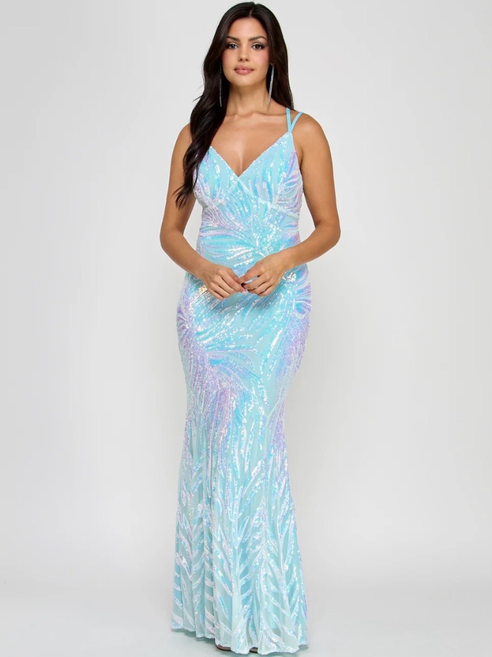 Morgan & Co. Iridescent Light Blue Sequin Mermaid Gown Size 5